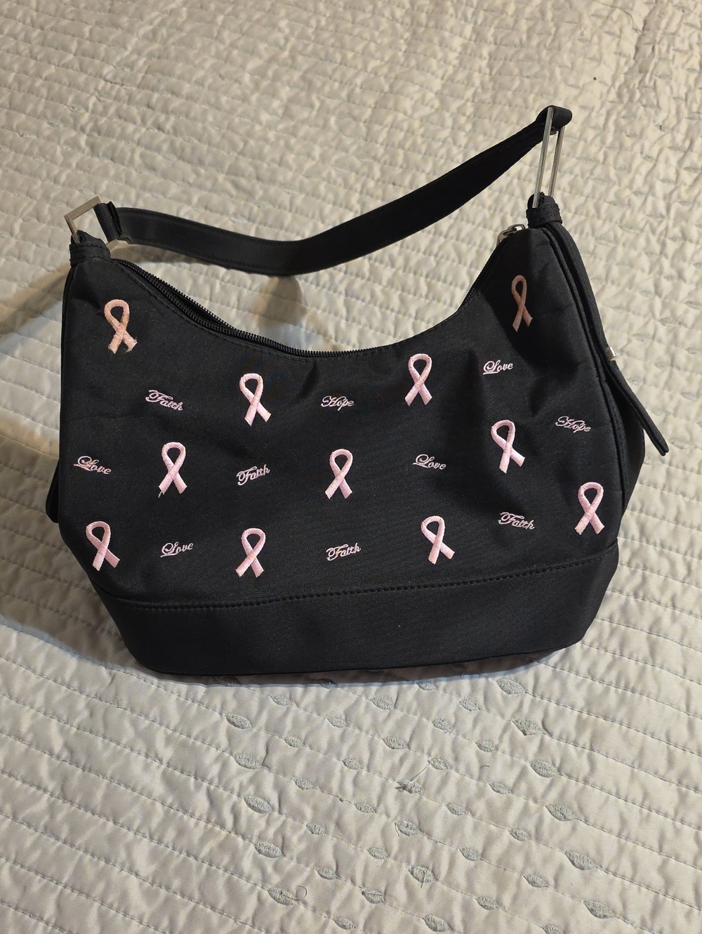 Breast Cancer Black Shoulder Bag With Wallet has Pink Ribbon Embroidery
